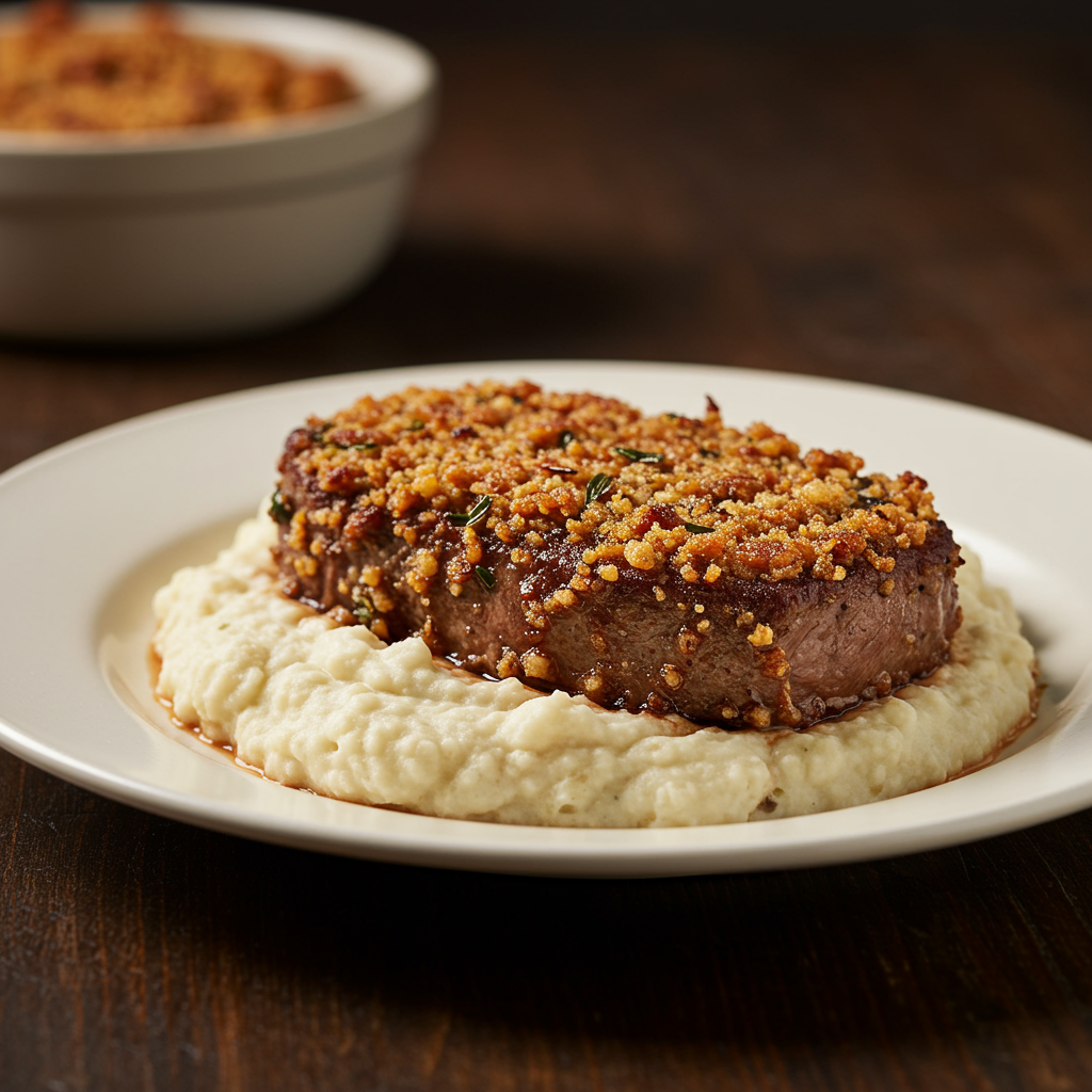 12. Herb-Crusted Cube Steak with Cauliflower Mash